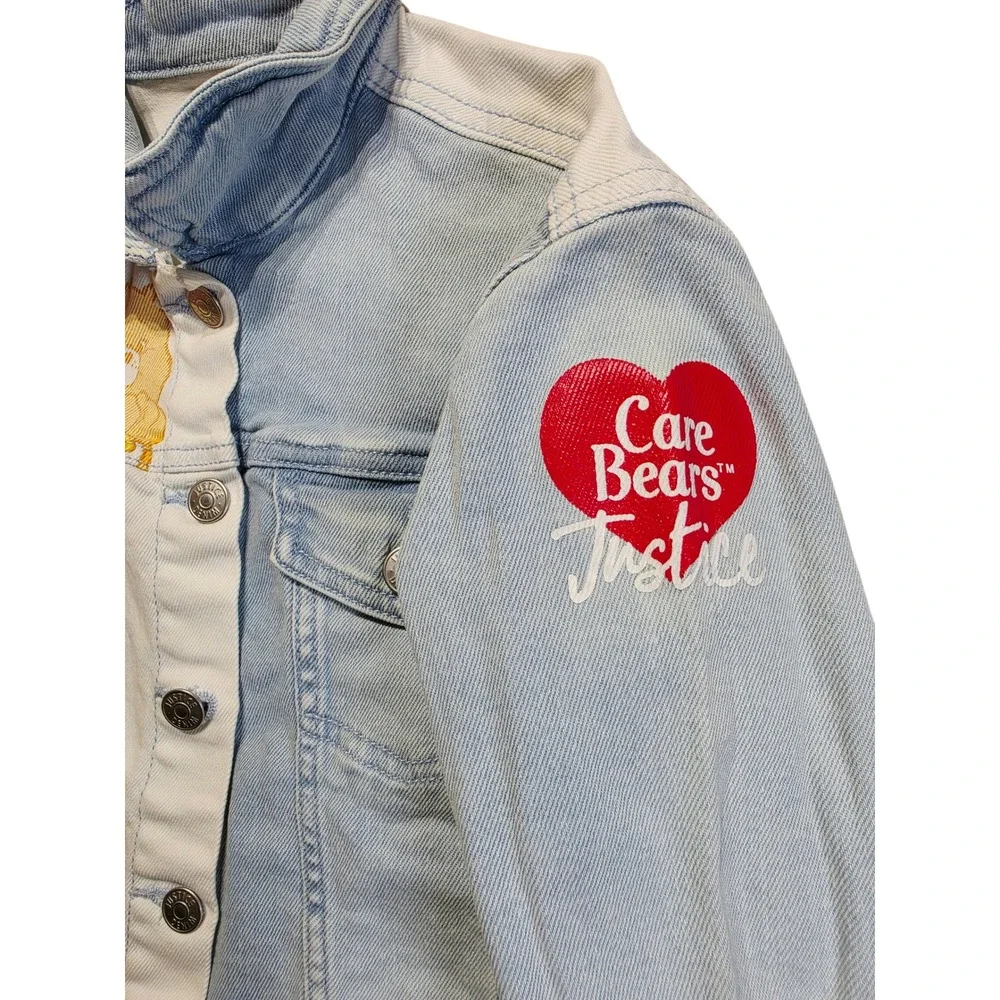 Justice Care Bears Denim Jacket Girls Sz 7/8 Light Wash Two Tone Frayed Hem